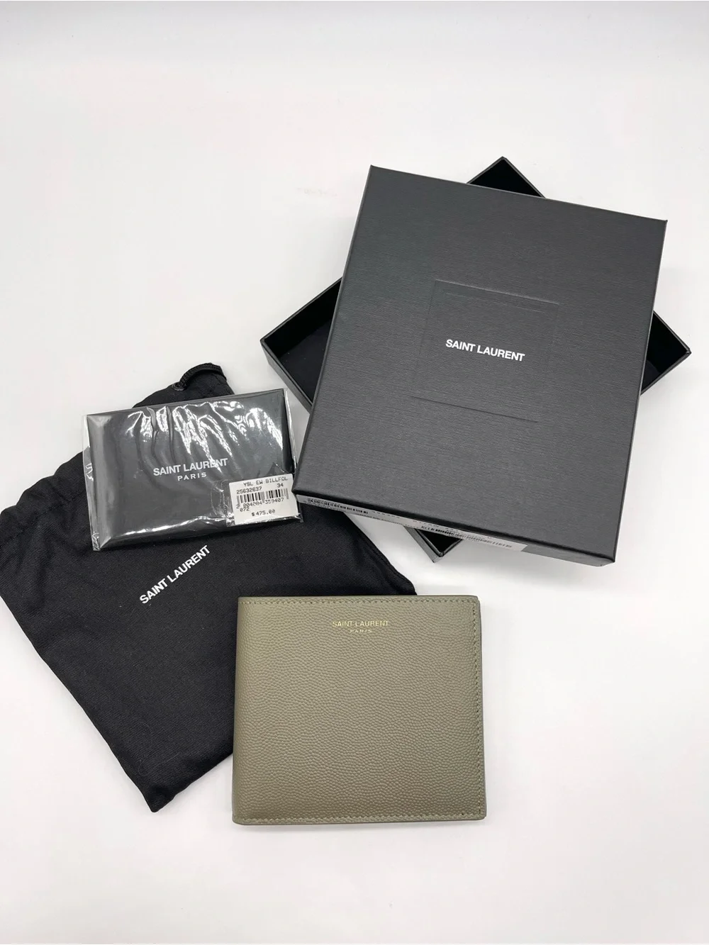 NIB Saint Laurent Paris East/West Bifold Wallet Grain De Poudre Light Fern Green